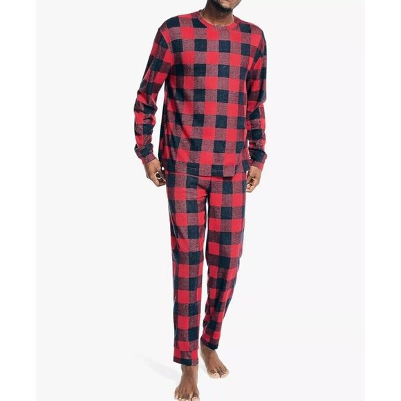Nautica Waffle Knit Men's Buffalo Plaid Pajama Set 2 Pc Long Sleeve & Jogger MED - Picture 1 of 9